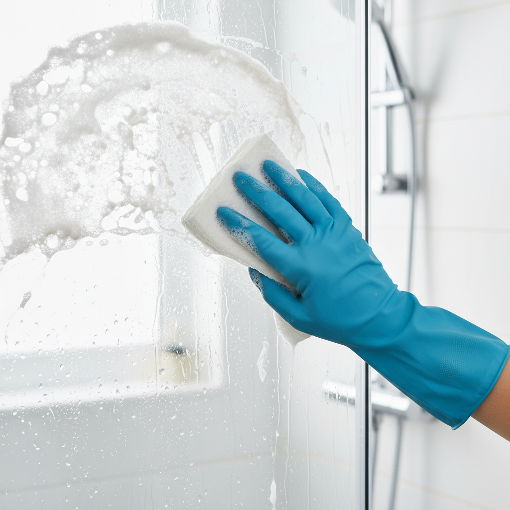 A close-up, dynamic shot of a hand wearing a blue rubber glove, actively cleaning a section of a plastic shower sliding door. One half of the door section is visibly covered in opaque limescale and soap scum, looking dull and dirty, while the other half, where the hand is cleaning, is sparkling clean, transparent, and reflective. Water droplets are visible on the clean part. The scene should convey a sense of progress and effectiveness. Professional photo style, bright and clean lighting, emphasizing the contrast.