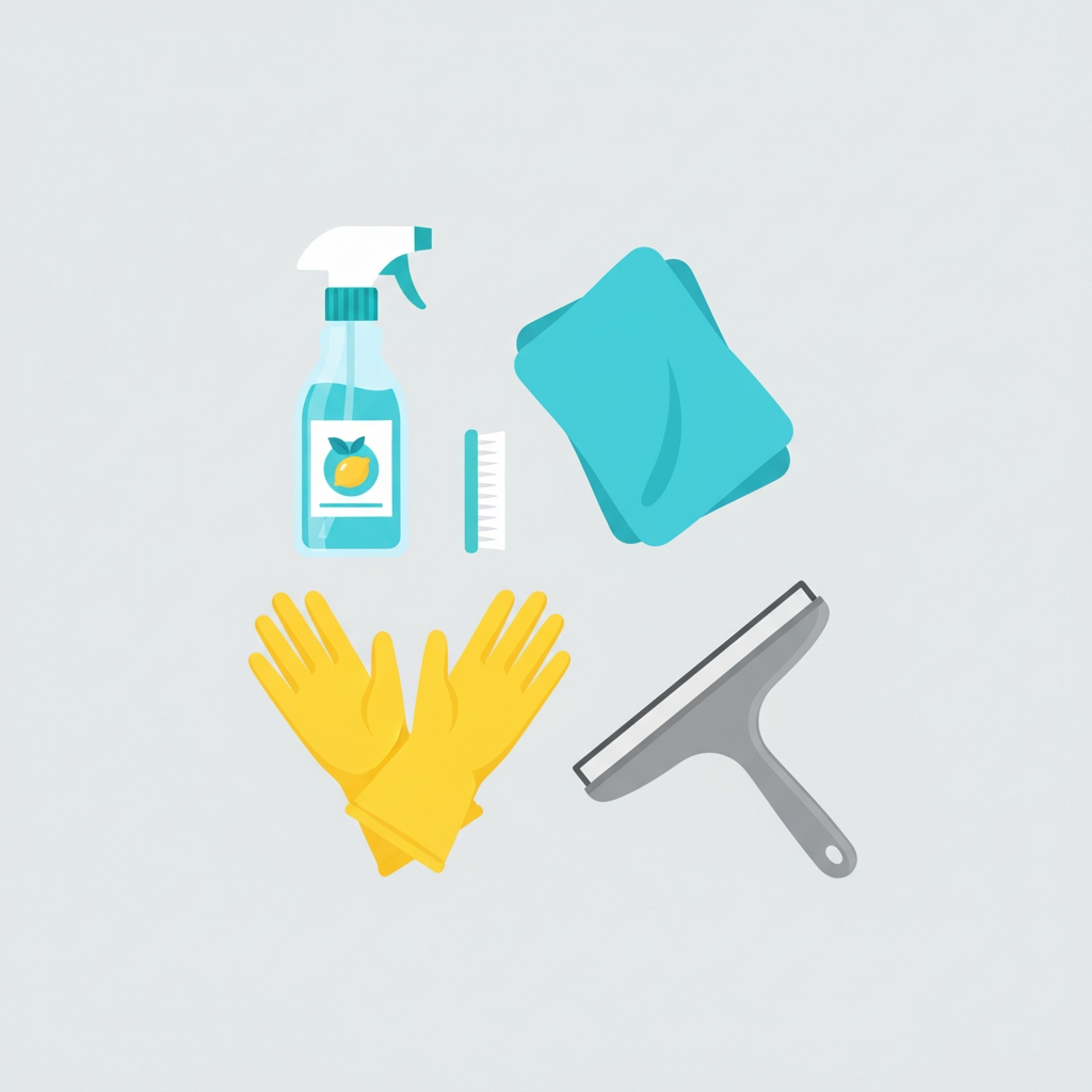 A vibrant flat illustration depicting an organized collection of essential cleaning tools for a shower. The items include a spray bottle of vinegar/citric acid solution, a soft microfiber cloth, a small brush (like an old toothbrush), protective yellow rubber gloves, and a sleek squeegee. All items are neatly arranged on a light background, conveying readiness and efficiency. The style should be clean, modern flat illustration with bright, friendly colors, suitable for a blog post. No logos or brand names visible.
