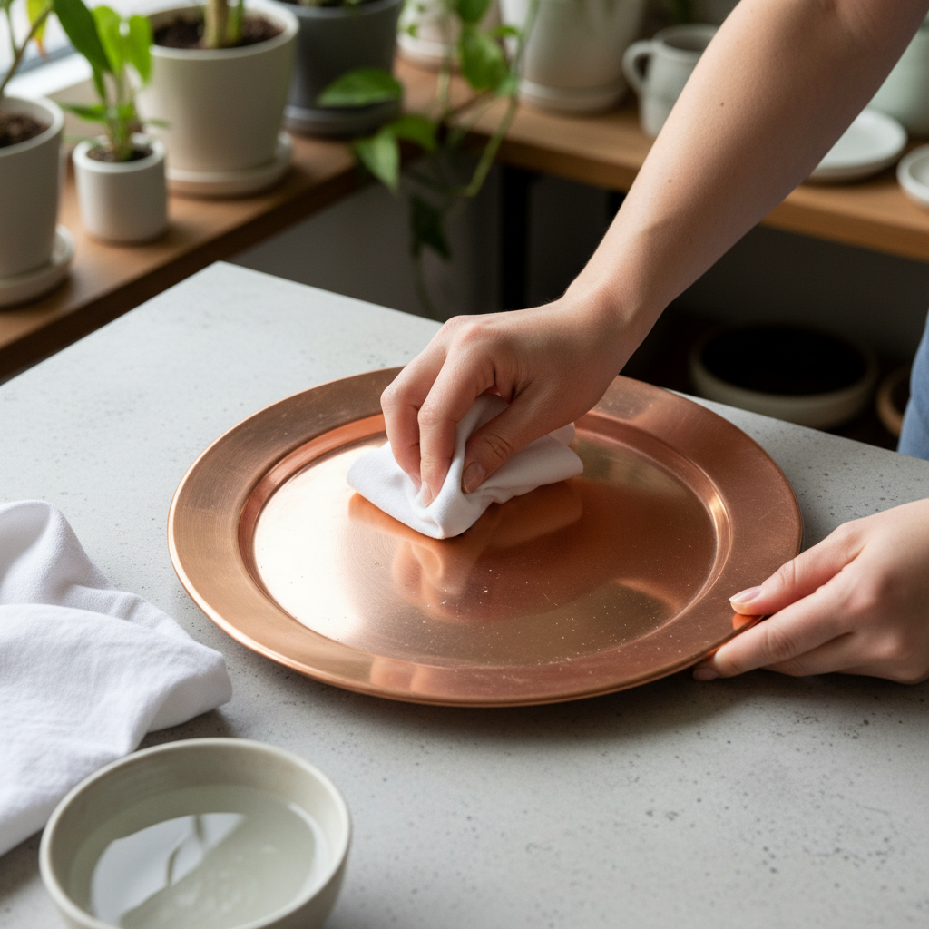 A vibrant, bright lifestyle photograph from a slightly elevated perspective. The scene depicts a pair of hands, gently but diligently polishing a medium-sized copper object, such as a gleaming pot or a decorative plate, on a clean, light-colored surface. One hand holds a soft, white polishing cloth, actively buffing the copper, which shows a radiant shine where polished. Next to the object, a pristine, dry cloth and a small bowl of water are subtly visible, hinting at the preparation steps. The overall atmosphere is one of careful craftsmanship and attention to detail, emphasizing the hands-on process of restoring copper's brilliance.