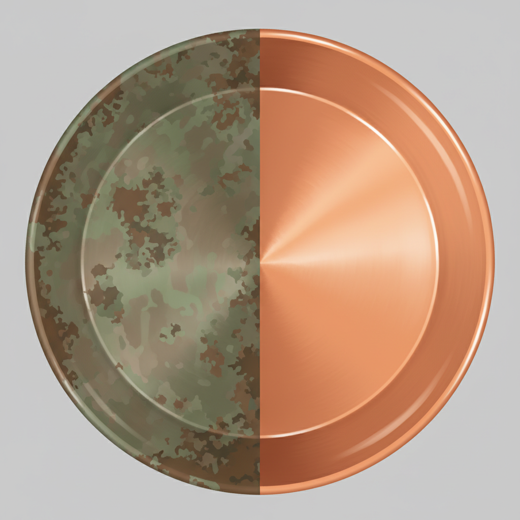 A visually striking before-and-after illustration showcasing a copper object. On the left side, a section of a well-used copper pot or decorative item appears dull, with visible green and brownish patina layers. On the right side, the same object or a section of it gleams with its original, radiant reddish-orange shine, meticulously polished. The contrast should be stark, emphasizing the transformation from tarnished to sparkling. A professional, clean flat illustration style with subtle textures.