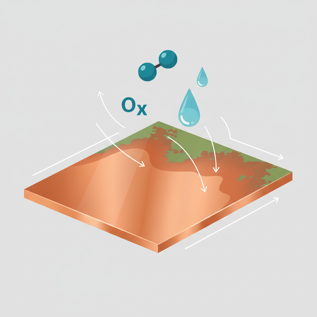 An infographic-style illustration depicting the chemical process of copper oxidation. The central element is a stylized, clean copper surface. Above it, abstract representations of oxygen molecules (e.g., interconnected spheres) and water droplets interact with the copper. A thin, gradually forming layer of green and brownish patina begins to appear on the copper surface, symbolizing the oxidation process. The overall design should be clean, educational, and visually explain the concept of tarnishing. Use a modern, flat illustration style with a clear visual flow.