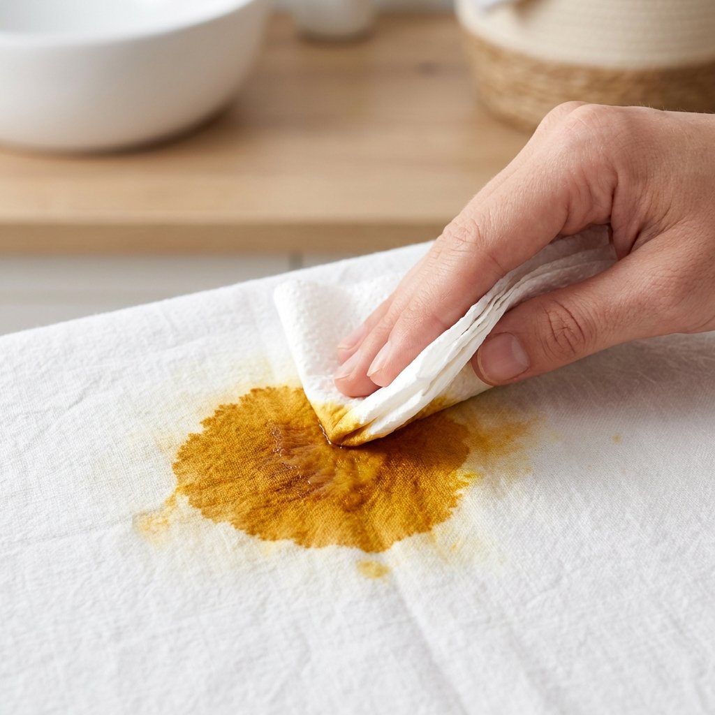 A close-up, top-down professional photo capturing a vivid, wet turmeric stain on a pristine white cotton t-shirt. A clean, neutral-toned hand gently presses a folded white paper towel onto the center of the stain, demonstrating the delicate blotting motion. The fabric's texture should be clearly visible, emphasizing the stain's adherence. The background is softly blurred, hinting at a home laundry setting, maintaining focus purely on the stain and the immediate action.