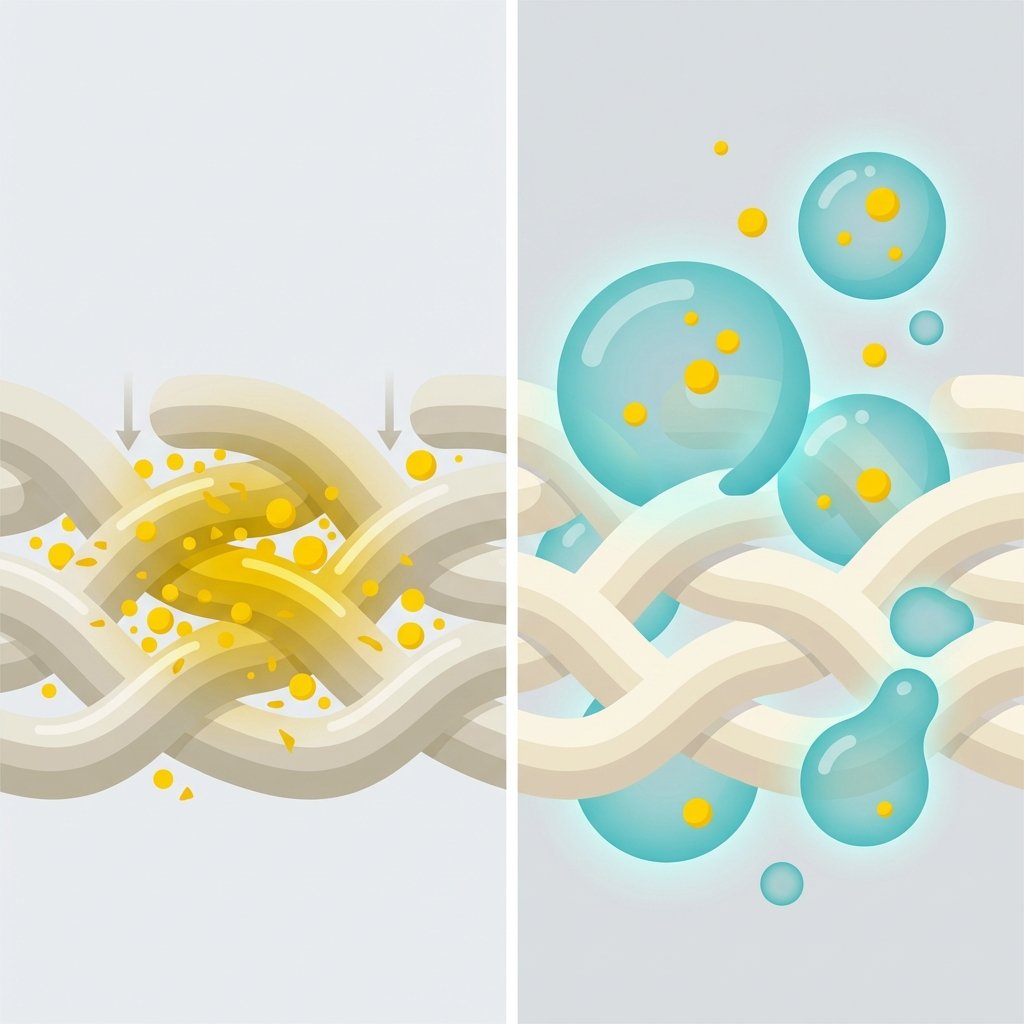 A modern, clean flat illustration depicting a conceptual view of turmeric stain removal. On the left, a stylized cross-section of fabric fibers shows small, bright yellow curcumin molecules deeply embedded within the threads, illustrating the 'hard to remove' aspect. On the right, the same fabric fibers are shown, but now surrounded by abstract, translucent blue-green 'cleaning agent' bubbles or drops, with some of the yellow curcumin molecules visibly lifting away from the fibers, symbolizing the cleansing action of soap or vinegar.