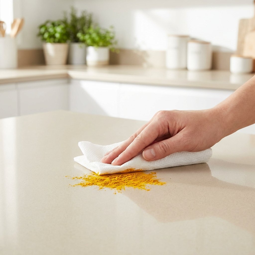 A vibrant, modern kitchen scene focusing on a light-colored kitchen countertop. A small, bright yellow turmeric powder spill is visible on the surface. A hand, gently holding a clean white cloth or paper towel, is shown carefully dabbing (not rubbing) the fresh stain. The background is slightly blurred, hinting at a clean, organized kitchen environment. The overall mood should be one of quick, effective action against a common kitchen mishap. Use a professional photo style with natural lighting, emphasizing the vivid yellow of the turmeric against the neutral countertop.