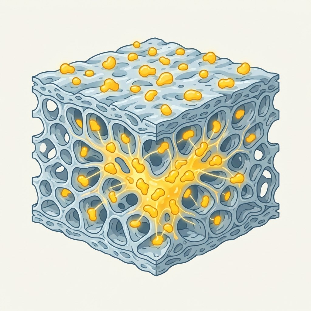 An abstract, close-up infographic illustration depicting the concept of curcumin's stubborn staining power. Show a simplified cross-section of a porous material surface (like a countertop or fabric fiber) with numerous small, vibrant yellow, irregular shapes representing curcumin molecules. Some molecules are still on the surface, while others are clearly shown penetrating deep into the material's pores and bonding with its internal structure. The illustration should use clean lines and a clear visual hierarchy, emphasizing the 'deep penetration' aspect. The background is clean and simple, allowing the scientific concept to stand out.