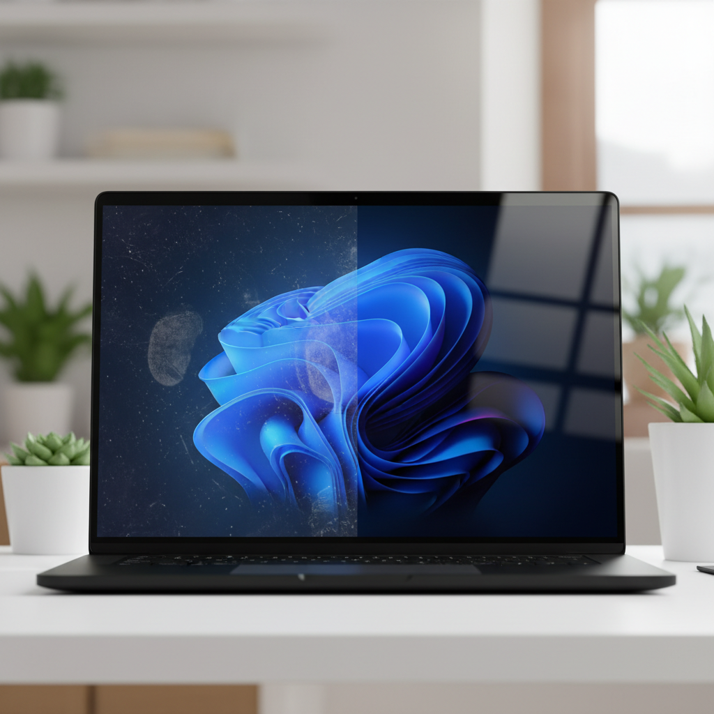 A modern, sleek laptop or monitor screen displayed in a split composition. The left side of the screen is visibly marred with dust particles, faint fingerprints, and a subtle smudge, making the displayed image appear dull and unclear. The right side of the screen is sparkling clean, reflecting light beautifully, showcasing a vibrant, sharp, and high-contrast image. The background is a soft, blurred office or home environment, emphasizing the screen's transformation. Professional photo style, bright and high-contrast.
