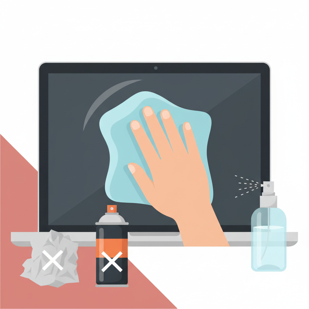 A clean, minimalist flat illustration demonstrating the correct approach to cleaning an LCD screen. A hand gently holds a soft, lint-free microfiber cloth, wiping a portion of a laptop or monitor screen in a circular motion. Nearby, a small, clear spray bottle (implying a screen-safe cleaning solution or water) is visible. In the background, subtly depicted with a faint 'X' or muted colors, are items to avoid, such as a rough paper towel or an aggressive-looking cleaning spray can. The overall scene is bright and instructive, emphasizing care and appropriate tools.