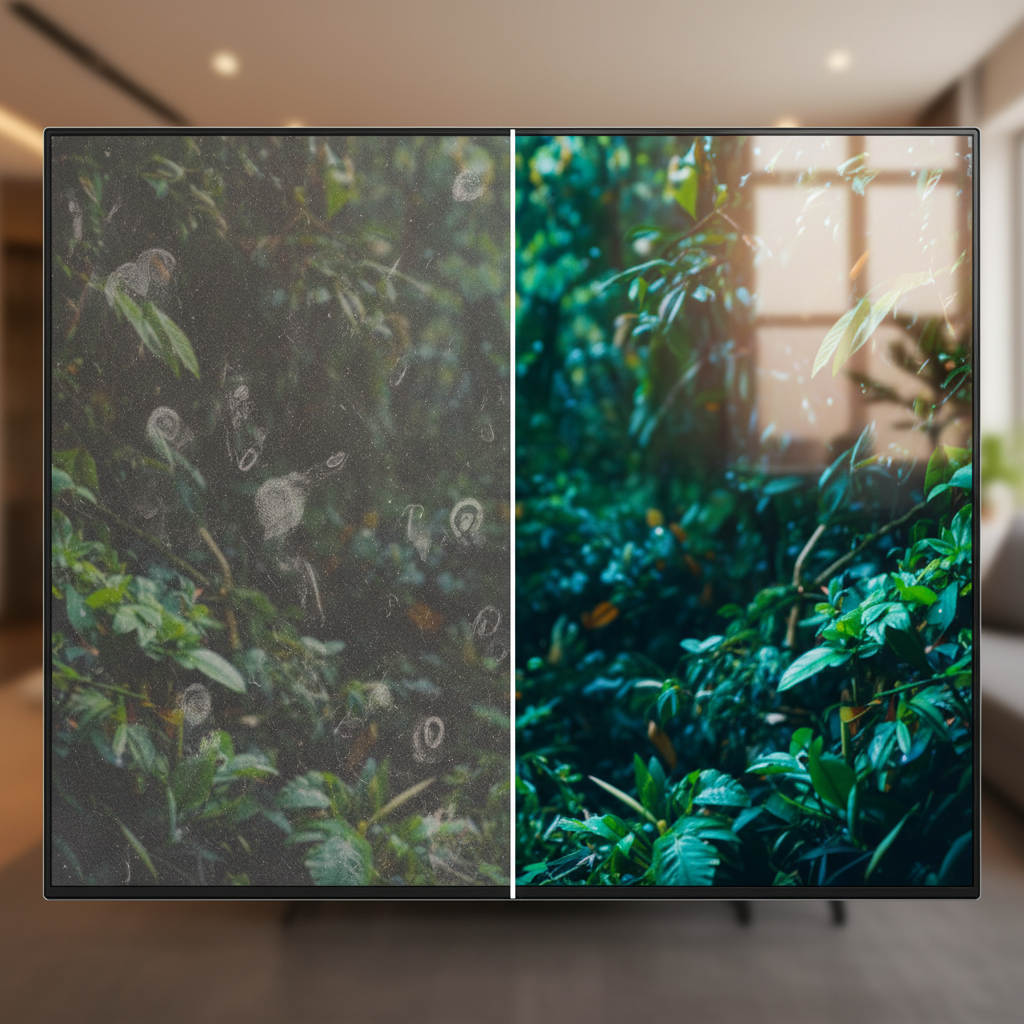A professional photo composite depicting an LCD television screen. The left half of the screen is visibly covered in a layer of dust, smudges, and fingerprints, making the displayed image appear dull and slightly blurry. The right half of the screen is impeccably clean, sparkling and reflecting ambient light, showcasing a vibrant, sharp, and crystal-clear image. The stark contrast between the two halves should powerfully highlight the dramatic improvement in picture quality after proper cleaning. Focus on realistic details of dust particles and reflections on the glass.