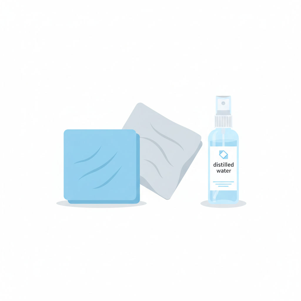 A clean, minimalist flat illustration showcasing the essential tools required for safely cleaning an LCD television. Prominently featured are two pristine, soft, lint-free microfiber cloths; one is neatly folded, and the other is slightly unfurled, suggesting readiness for use. Positioned beside them is a sleek, transparent spray bottle containing a clear liquid, representing distilled water. The composition should be tidy and uncluttered, emphasizing the simplicity, gentleness, and effectiveness of these specific items for screen maintenance.