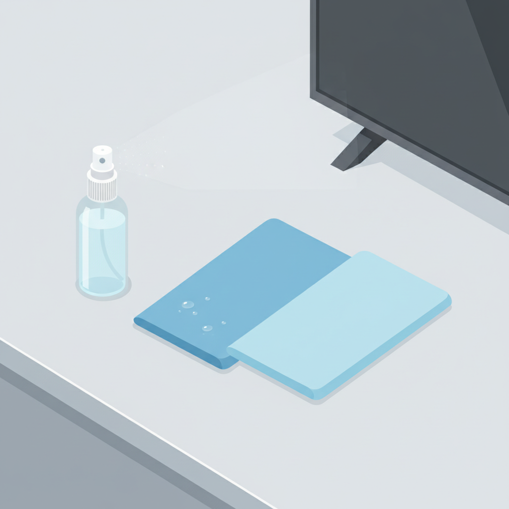 A bright, clean flat lay illustration showcasing the essential cleaning materials for an LED TV. The main elements include two neatly folded, soft microfiber cloths (one appearing slightly damp, the other perfectly dry), and a transparent spray bottle containing a clear liquid (representing distilled water). These items are arranged artfully on a light, minimalist surface. A subtle, out-of-focus background hint of a sleek, dark LED TV frame or corner can be seen, suggesting the context without being distracting. The style is modern, professional, and emphasizes simplicity and effectiveness.