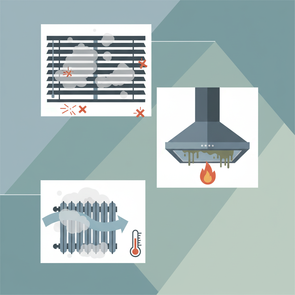 A detailed infographic illustration visually representing the multiple negative impacts of dirty lamellae. The image should be divided or layered to show different scenarios: a section with dusty, grimy horizontal window blinds, subtly emanating stylized dust particles or allergy symbols; another section depicting a greasy kitchen range hood vent, with a faint, symbolic flame graphic indicating fire risk; and a third section showcasing a dust-clogged radiator fin, with a subtle arrow suggesting impeded airflow. The overall aesthetic should be clean yet convey the problem clearly through visual cues. Flat illustration style with a slightly muted color palette to emphasize the adverse conditions.