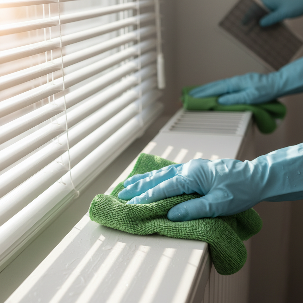 A bright, crisp professional photograph from a slightly elevated angle, capturing hands actively engaged in cleaning various types of lamellae. The foreground should feature gloved hands using a microfiber cloth to meticulously wipe clean a section of horizontal window blinds, with the cleaned parts appearing noticeably brighter and dust-free. In the background, blurred but visible, another hand could be seen gently wiping a radiator fin or a segment of a range hood filter. The lighting should be natural and highlight the cleanliness being achieved, conveying effectiveness and a sense of accomplishment. Realistic photo style with a focus on detail and texture.