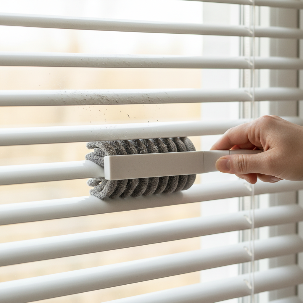 A professional photo capturing a close-up of a hand using a specialized, brush-like Lamellenreiniger on a set of white horizontal window blinds. The top half of the blinds in the image are visibly dusty and dull, accumulating a fine layer of grime, while the bottom half, recently cleaned, gleams brightly and looks pristine. The cleaning tool is positioned mid-action, gently gripping a slat. The overall scene should convey efficiency and the satisfying transformation from dirty to clean, set against a softly blurred, bright indoor background.