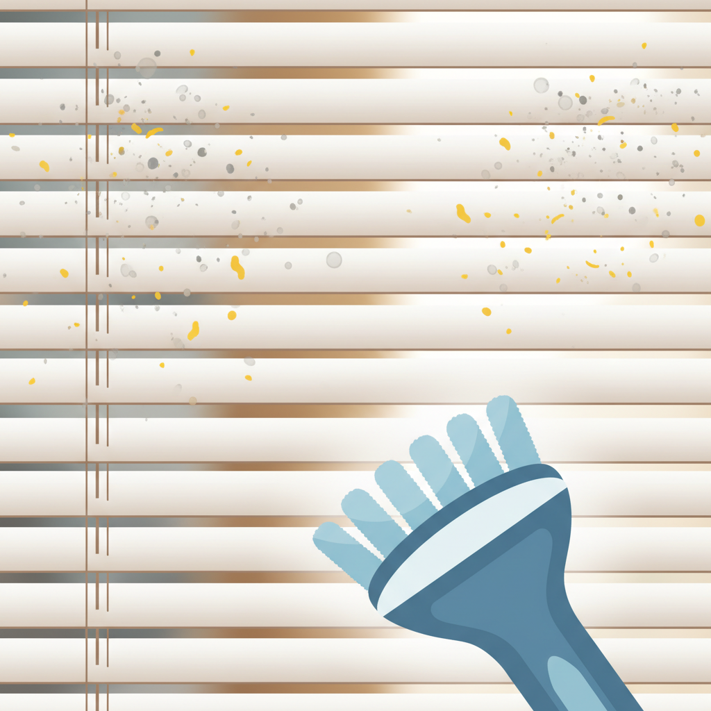 A clean and modern flat illustration depicting the accumulation of unseen elements on horizontal window blinds. Show stylized dust motes, pollen, and tiny abstract particles settling onto the slats, making them appear dull. In the foreground, a prominent, ergonomic Lamellenreiniger (brush-like type with multiple microfiber fingers) is positioned ready for action, suggesting the solution. The illustration should subtly convey improved air quality and brightness for the room, perhaps with a subtle glow around the potential cleaned area. No visible text or numbers.