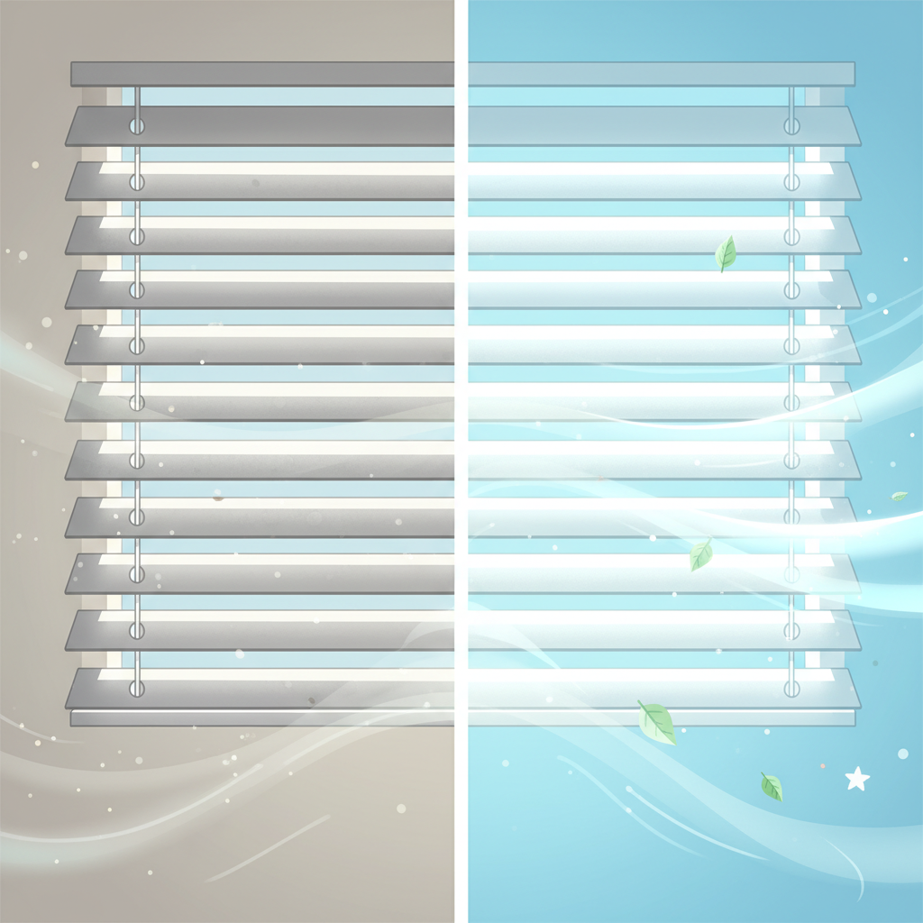 A split-screen, conceptual illustration depicting the benefits of clean lamellenstoren. On the left side, a section of a slightly dirty, dull-looking aluminum lamellenstore, with visual cues suggesting a slightly stagnant room atmosphere and faint dust particles floating. On the right side, the identical lamellenstore is sparkling clean, bright, and reflects light beautifully, accompanied by visual elements suggesting fresh, circulating air and a vibrant, inviting room ambiance. The overall image should emphasize the transformation from dullness to brightness and freshness. Style: Clean, modern vector illustration with a bright and appealing color palette.