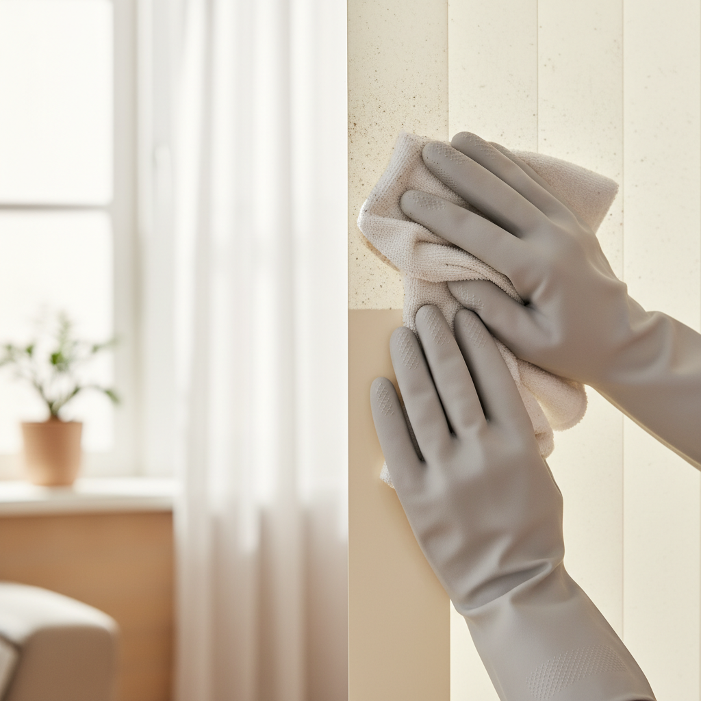 A professional, close-up photograph capturing hands carefully cleaning a vertical blind slat. The hands, possibly gloved, are using a soft cloth or a specialized cleaning tool on a lamella that shows a clear visual contrast: one part is visibly soiled with dust and light grime, while the part already cleaned is bright, smooth, and reflects light. The background is a softly blurred, inviting home interior with a window, suggesting the context of maintaining a clean living space and the satisfying act of restoring cleanliness to an essential home decor item.