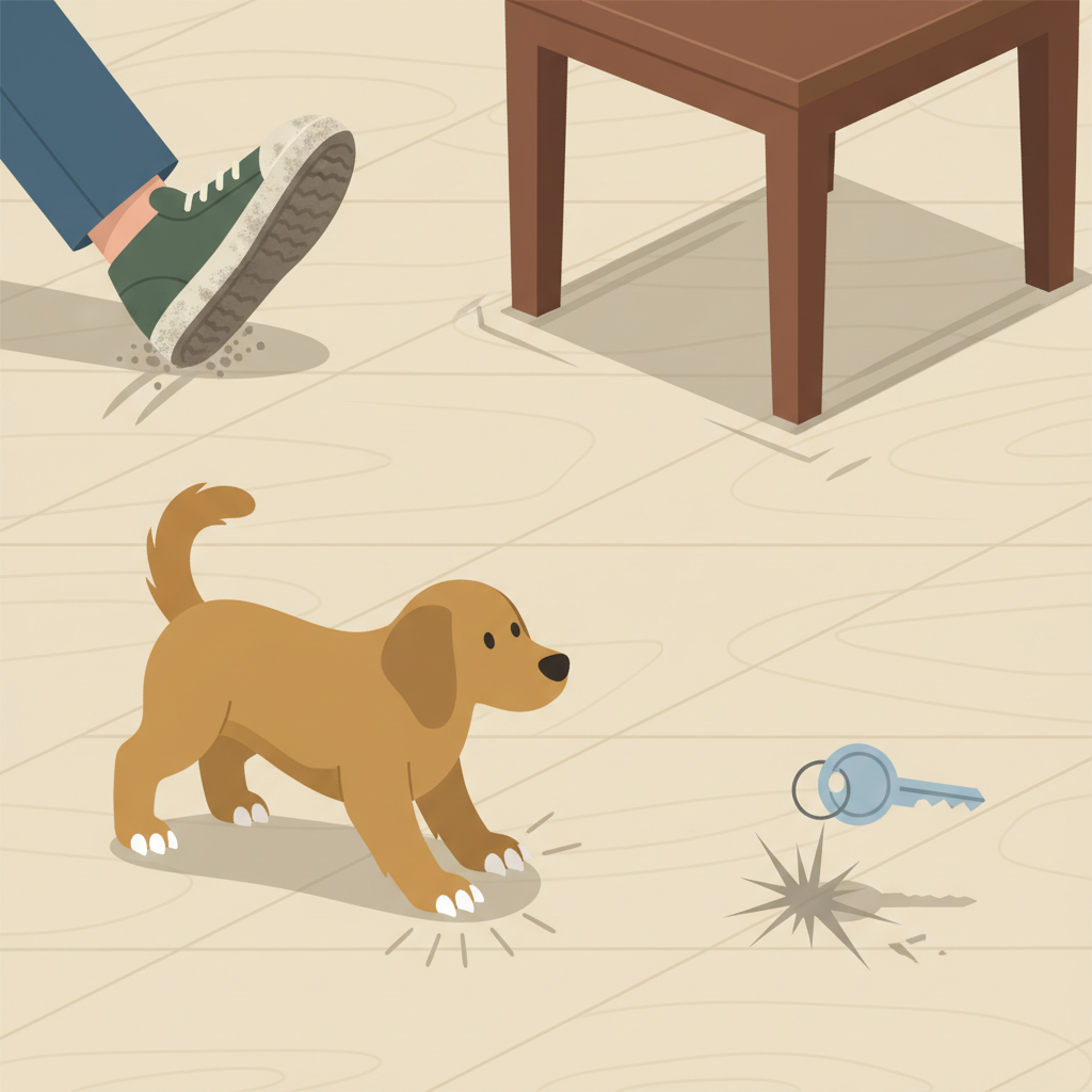 A vibrant, modern flat illustration depicting the common causes of scratches on laminate flooring. The scene features a close-up section of light-colored laminate floor, showing various elements interacting with its surface. Include a human foot with a gritty shoe leaving a scuff mark, a heavy wooden chair leg dragging without a floor protector, a playful dog's paw with extended claws, and a sharp object like a dropped metal key impacting the surface. The focus is on the action of scratching, clearly visualizing the 'what' and 'how' without being overly dramatic. Use a clean, friendly color palette suitable for a blog.