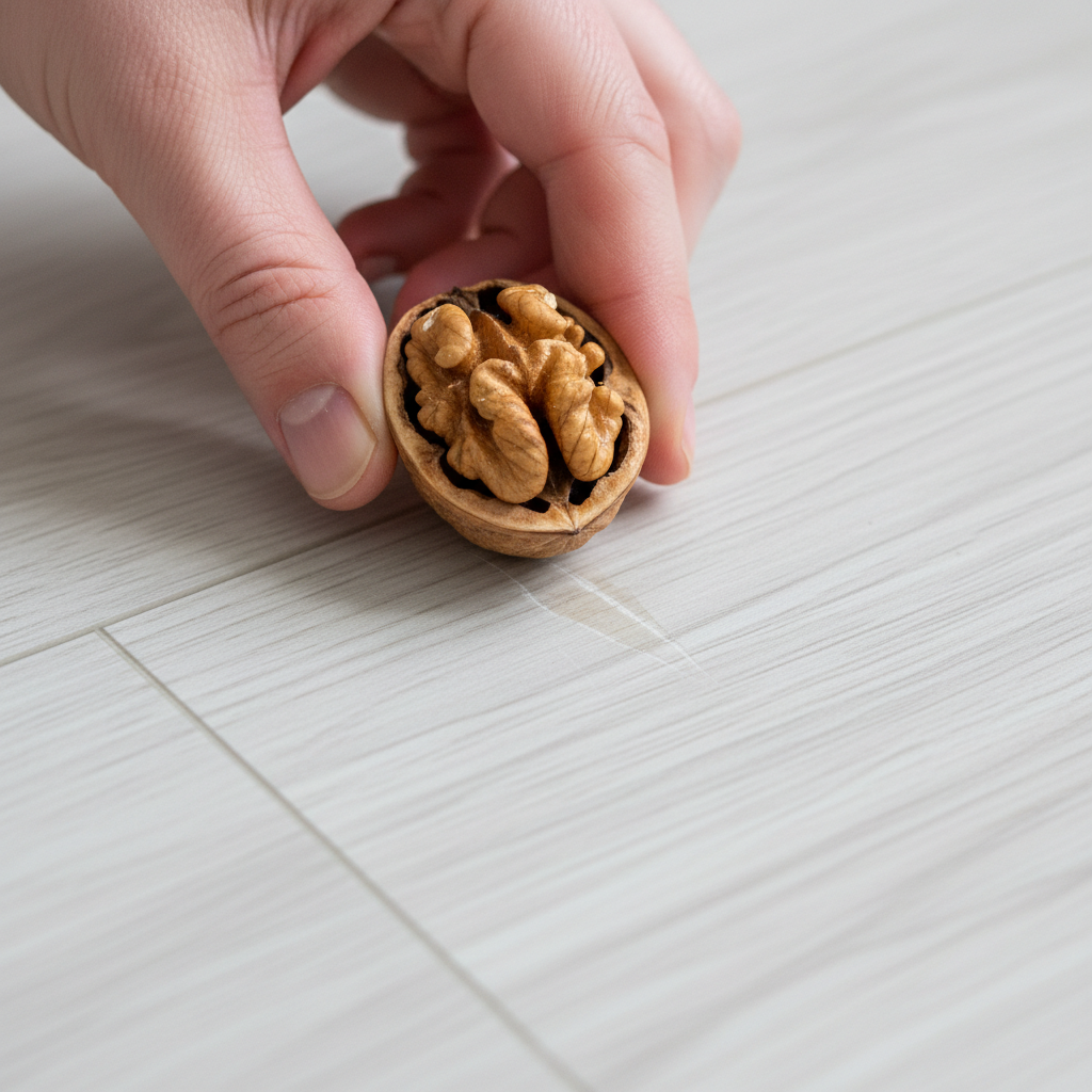 A professional, brightly lit macro photo focusing on a human hand using a common household remedy to address a light scratch on laminate flooring. The image should feature a clean, light-colored laminate floor with a distinct but shallow scratch. A hand gently rubs a half-walnut or pecan directly over the scratch, illustrating the 'nut oil' repair method. The scene conveys a sense of careful restoration and highlights the immediate action of applying the remedy, with a subtle visual suggestion of the scratch becoming less prominent. The focus is on clarity and practical demonstration.