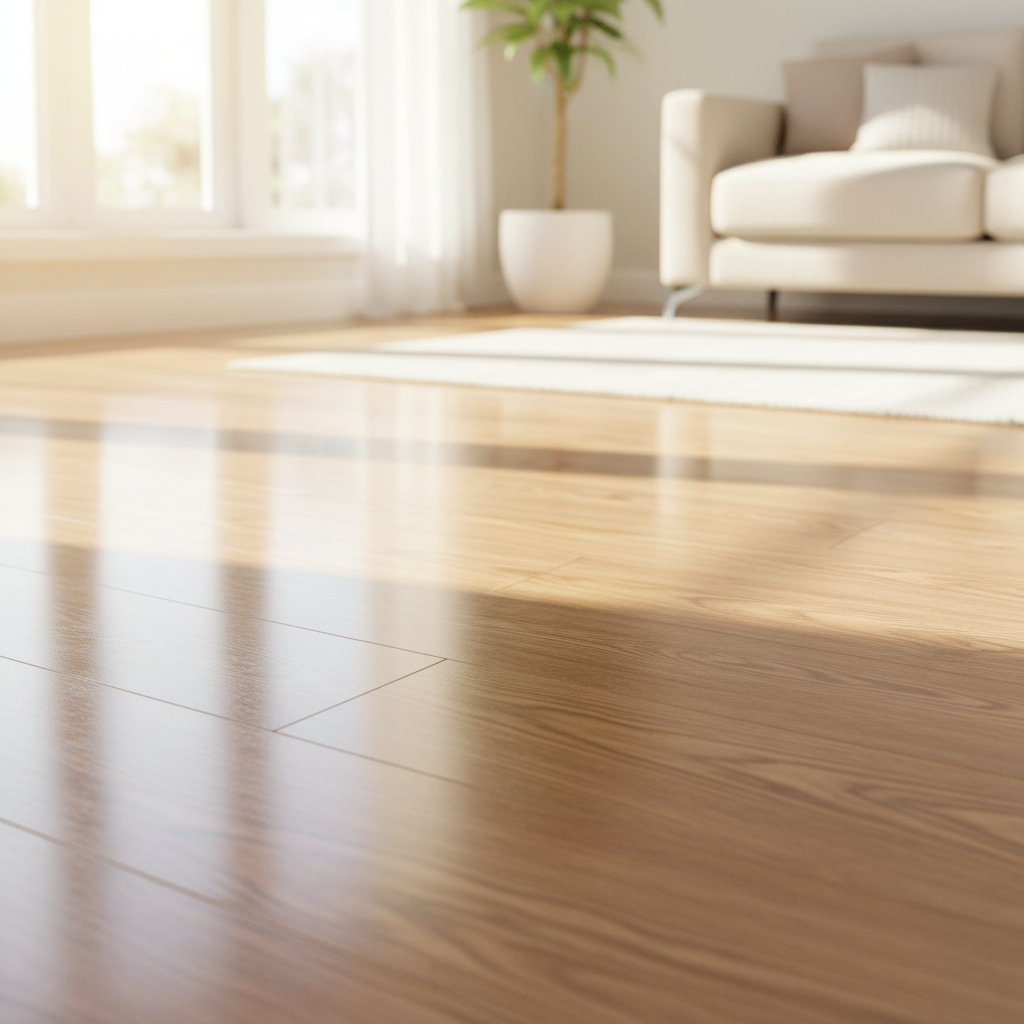 A professional, bright photo of a perfectly clean and gleaming laminate floor in a sunlit living room. The highly polished surface reflects natural light, showcasing its impeccable shine. In the foreground, the laminate appears flawless and streak-free, extending towards a softly blurred background with modern furniture, subtly implying a well-maintained home. The overall mood is fresh, inviting, and highlights the satisfying result of proper cleaning. No people visible, focus solely on the floor's pristine condition.