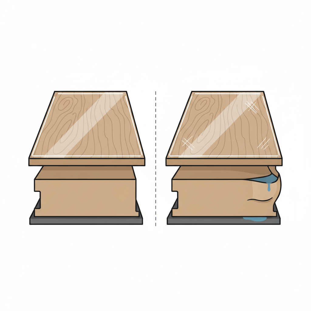 A detailed flat illustration depicting a cross-section of two adjacent laminate floorboards. On the left, the layers are neatly stacked, showing a smooth, intact protective overlay and a perfectly sealed edge. On the right, the same laminate board shows subtle damage: the protective overlay is slightly abraded, and a tiny amount of liquid is visibly seeping into the swollen core layers at the edge, indicating moisture damage. The contrast visually represents the importance of proper cleaning versus the consequences of incorrect methods. Clean lines and a clear, infographic style.
