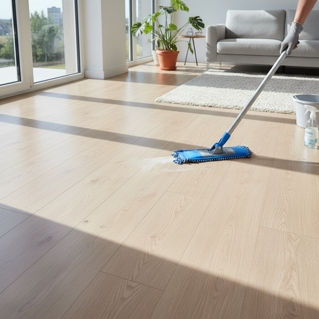 A professional photo from a slightly elevated angle, capturing a well-maintained, gleaming laminate floor in a bright, modern living room. Sunlight streams in, highlighting the pristine, smooth surface and its subtle sheen. A portion of the floor is gently being wiped with a specialized microfiber flat mop, suggesting ongoing care. The overall scene conveys cleanliness, durability, and a welcoming, light-filled atmosphere, emphasizing the beauty of a properly cared-for laminate floor.