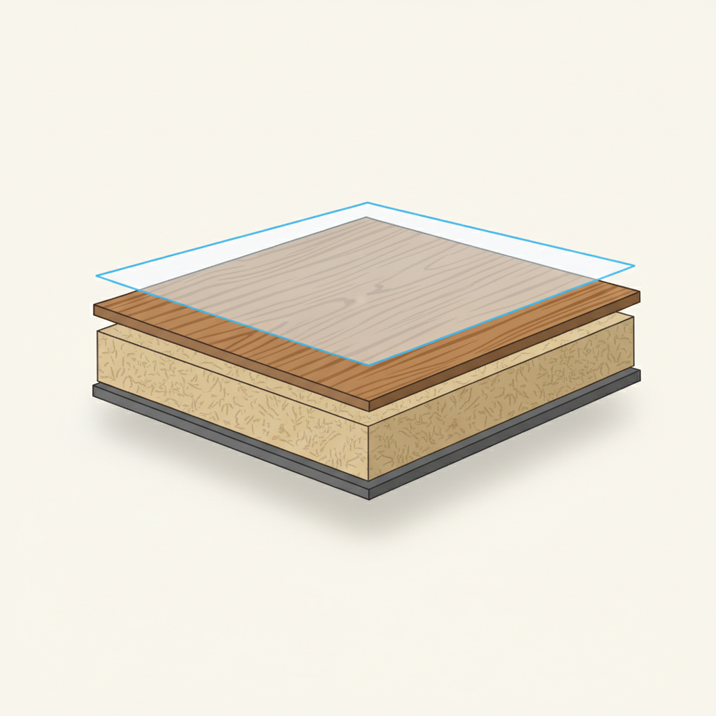 A detailed, clear flat illustration depicting a cross-section of a laminate flooring plank. Clearly show the distinct layers: a transparent top wear layer (overlay), a decorative paper layer with a wood grain pattern beneath it, a thick HDF core layer, and a balancing layer at the bottom. The protective top wear layer should be slightly emphasized or highlighted, perhaps with a subtle glow or a stronger outline, to signify its crucial role in protection and durability.