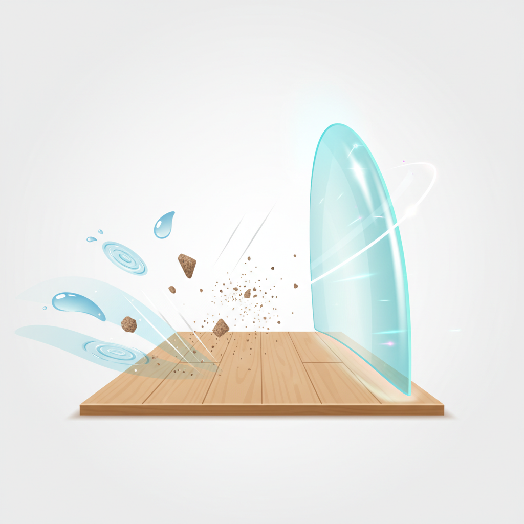 A conceptual stylized illustration showcasing common threats to laminate floors being repelled by effective care. On one side, abstract representations of water droplets, small abrasive dirt particles, and fine scratch lines are moving towards a clean, smooth laminate surface. On the other side, a subtle, shimmering, transparent barrier (representing proper cleaning and maintenance) acts as a shield, deflecting these elements and keeping the laminate pristine. The style is clean and modern.