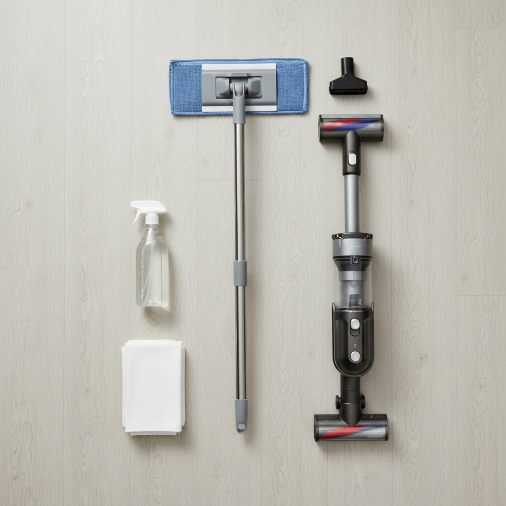 A clean, professional flat lay photograph or isometric illustration of essential tools for daily laminate floor cleaning, arranged neatly on a background that mimics a light-colored laminate floor. Featured items include a high-quality microfiber dust mop with a wide head, a modern cordless stick vacuum cleaner specifically showing its soft brush attachment, and a spray bottle (unbranded) containing a clear liquid, symbolizing gentle floor cleaner. The composition highlights effectiveness and ease of use.