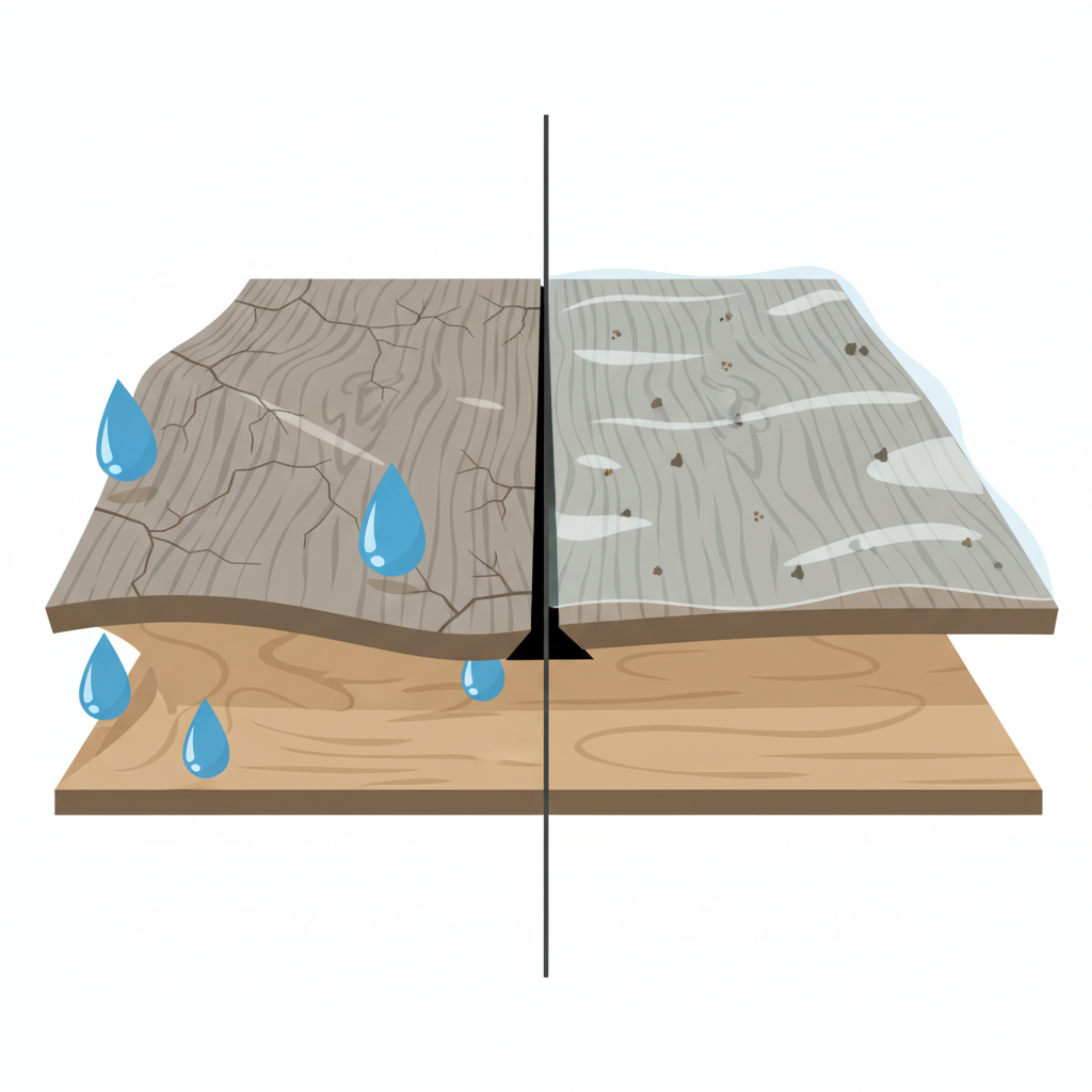 A flat illustration depicting a stylized cross-section of laminate flooring. On one side, large blue water droplets are shown seeping into the seams and causing the underlying HDF layer to visibly swell and warp, with hairline cracks forming on the surface layer. This illustrates damage. On the other side, a gentle, protective cleaning solution is represented as a thin, clear layer on the surface, gently lifting dirt particles without penetrating the seams, leaving the laminate perfectly smooth and intact. Use clean lines and a clear distinction between the damaged and healthy sections.