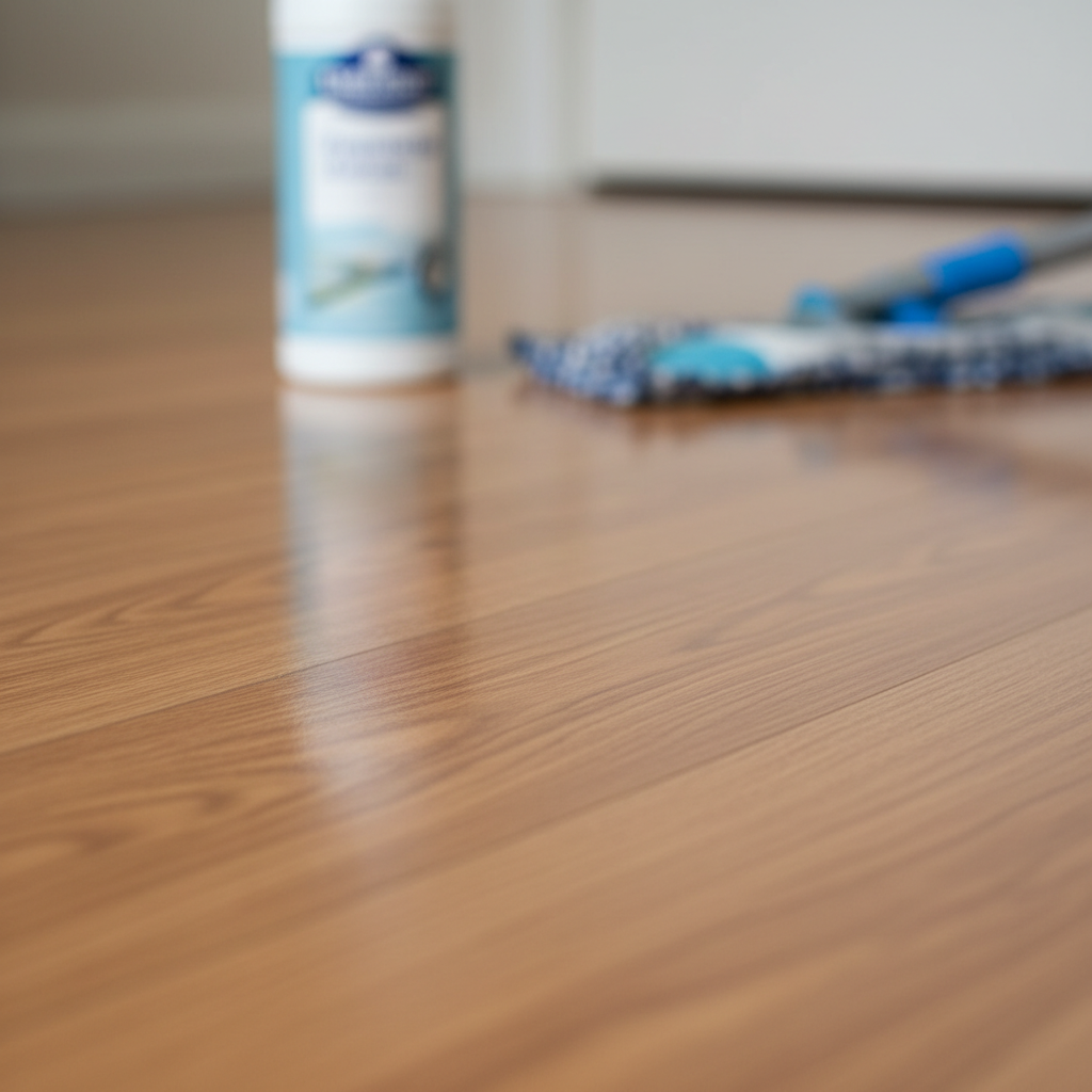 A professional photo capturing a close-up perspective of a freshly cleaned, gleaming laminate floor. The surface is highly reflective, showcasing a brilliant, streak-free shine that mirrors ambient light. The planks are clean, warm-toned, and appear immaculate. In the softly blurred background, a sleek, generic bottle of laminate cleaner and a modern microfiber flat mop head are subtly visible, hinting at the tools used for achieving such a pristine result. The overall impression is one of effortless cleanliness and shine.