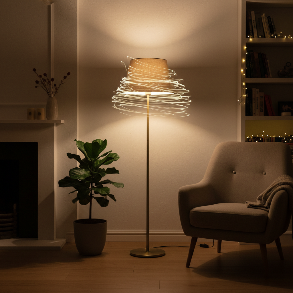 An atmospheric, professional photo capturing a subtle, unsettling moment. A stylish floor lamp or ceiling light in a cozy, slightly darkened living room flickers noticeably, casting erratic shadows on a nearby wall or furniture. The light source itself should visually communicate instability, perhaps with subtle streaks or a wavering glow, hinting at the disturbance in an otherwise calm domestic scene. Focus on the contrast between the warmth of the room and the disruptive light.