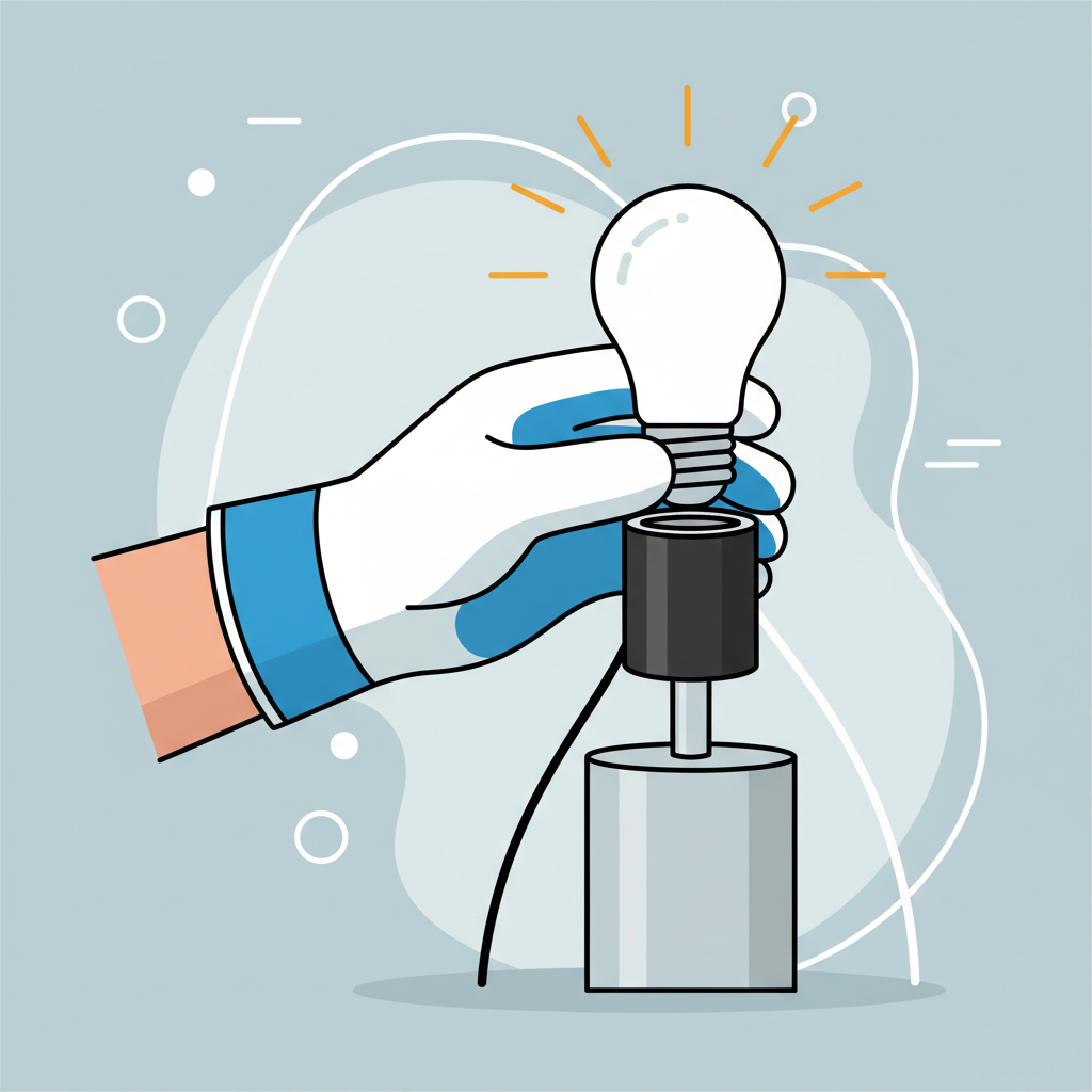A clean, step-by-step flat illustration showing the common fix for a flickering lamp. One human hand, with a safety glove, is gently but firmly tightening a light bulb into a lamp socket. Above the bulb, a subtle visual effect indicates the flickering has stopped, perhaps with a steady, warm glow emanating from the bulb, replacing an implied unstable light. The background is simple and uncluttered, highlighting the action.