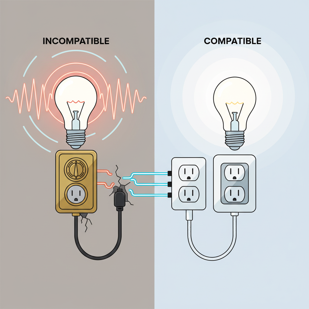 An infographic-style illustration contrasting incompatible and compatible light setups. On one side, a modern LED bulb is visibly struggling, emitting a weak, unstable light pattern, while connected to an older, incompatible dimmer switch or socket. On the other side, the same LED bulb glows brightly and steadily, paired with a suitable, modern dimmer or driver. Use clear, distinct visual cues to show the difference in light quality.
