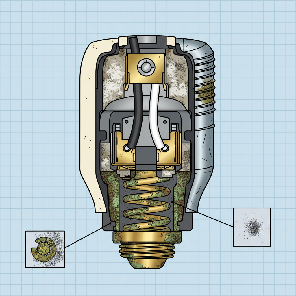 A detailed technical illustration of the interior of a lamp socket. The illustration clearly depicts the metal contact points where the light bulb makes connection. Some of these contacts are shown to be visibly tarnished, corroded, or covered in dust and grime, contrasting with other clean, conductive parts. Emphasize the visual texture and color changes indicating poor contact, in a clean, cutaway style suitable for explaining internal components.
