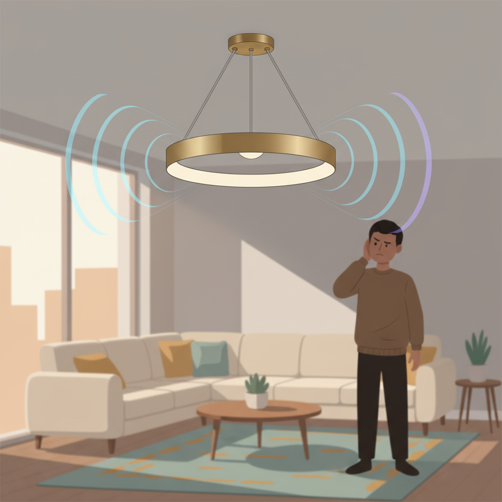 A cozy, modern living room scene. A stylish ceiling lamp in the foreground emits subtle, wavy visual sound lines, indicating a low hum or buzz. A person, partially visible in the background, looks towards the lamp with a slightly quizzical or mildly annoyed expression, perhaps with one hand near their ear. The overall atmosphere is warm and inviting, but with a clear visual representation of a subtle disturbance emanating from the light source. Flat illustration with clean lines and a soft, muted color palette.