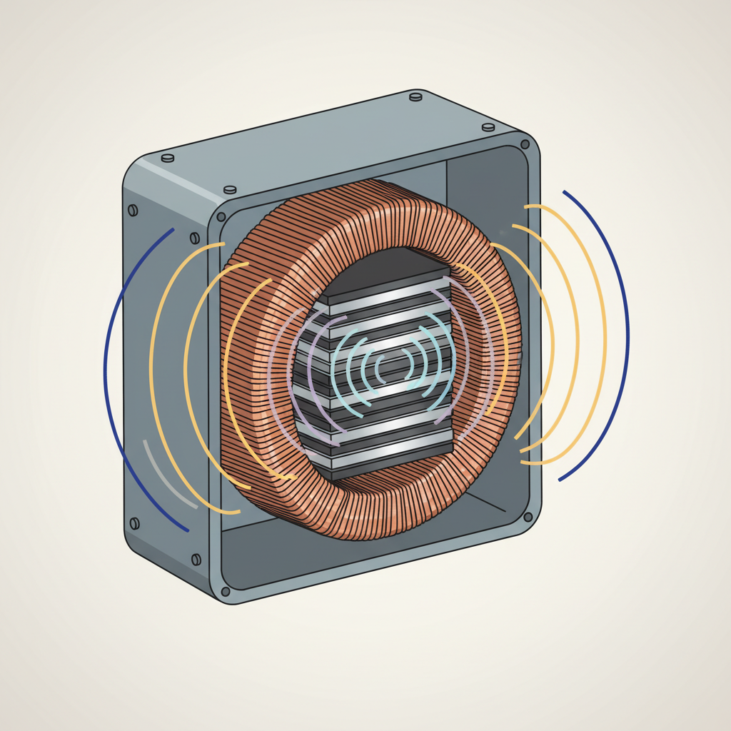 An infographic-style cutaway illustration of an older, rectangular electromagnetic transformer, often found in older lamps. The internal components, including copper wire coils wrapped around a laminated iron core, are clearly visible. Faint, subtle vibration lines or ripple effects emanate from the iron core, visually representing the humming sound. The illustration focuses on the magnetic field causing physical vibration within the core. Clean, technical diagram style with a modern, informative aesthetic.