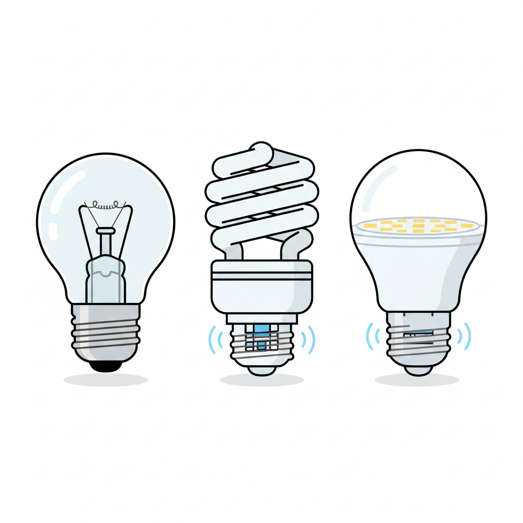 A comparative visual illustration showcasing three distinct light bulb types arranged side-by-side: a classic halogen bulb, a compact fluorescent lamp (CFL) with its visible electronic ballast at the base, and a modern LED bulb with its integrated driver subtly indicated within its base. The CFL and LED bulbs have very faint, delicate vibration or hum lines originating from their electronic components, visually hinting at their potential to buzz. Flat illustration with bright, clear colors and distinct shapes for each bulb.