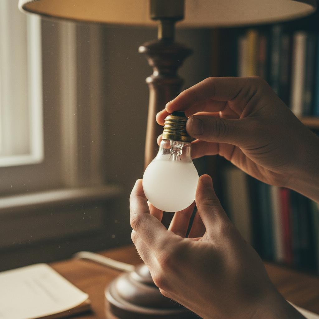 A close-up, professional photograph of a person's hands carefully unscrewing an old light bulb from a lamp socket. The focus is sharp on the hands and the base of the bulb/socket, while the rest of the lamp fixture and background are gently blurred. The hands are clean and careful, suggesting a methodical approach to troubleshooting or replacement. The lighting is soft and natural, highlighting the textures and the careful action. Emphasizes problem identification and resolution.