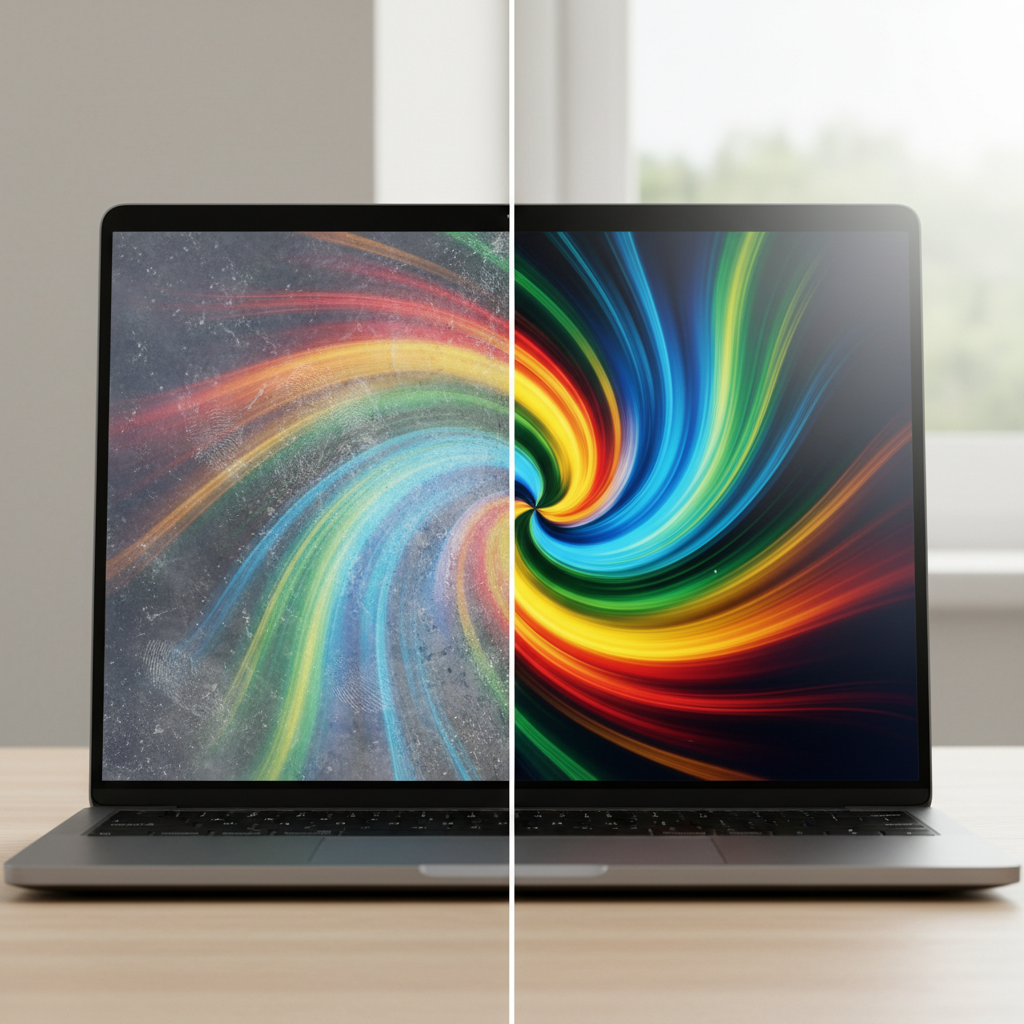 A close-up, 'before and after' visual of a modern laptop screen. On the left side, the screen is visibly covered in smudges, fingerprints, and a fine layer of dust, distorting a colorful graphic displayed. On the right side, the same screen is perfectly pristine, exceptionally clear, with vibrant colors and sharp details, reflecting improved picture quality and visual comfort. The laptop itself is sleek and contemporary, slightly angled to showcase both states. Style: High-quality professional photo with soft, natural lighting, emphasizing the dramatic contrast between dirty and clean.