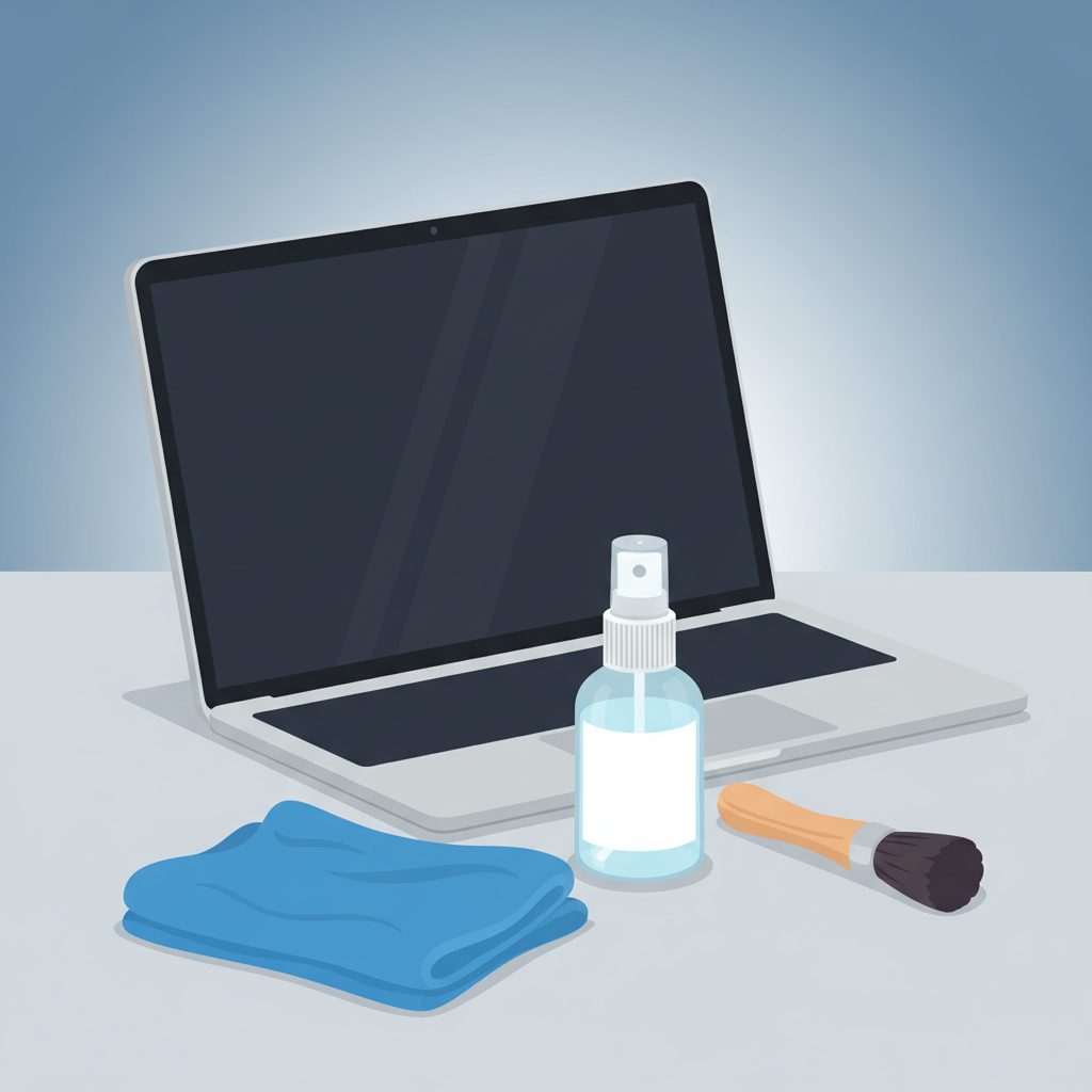 A bright, clean flat illustration showcasing the essential tools for safely cleaning a laptop screen. The scene features a plush, lint-free microfiber cloth, a small, clear spray bottle containing a non-abrasive cleaning liquid (no label), and possibly a soft brush for dust. These items are neatly arranged on a minimalist background, with a modern laptop screen, turned off and pristine, subtly positioned in the background. The overall impression is one of gentle care and precision. Style: Modern, clean flat illustration with a soft, inviting color palette.