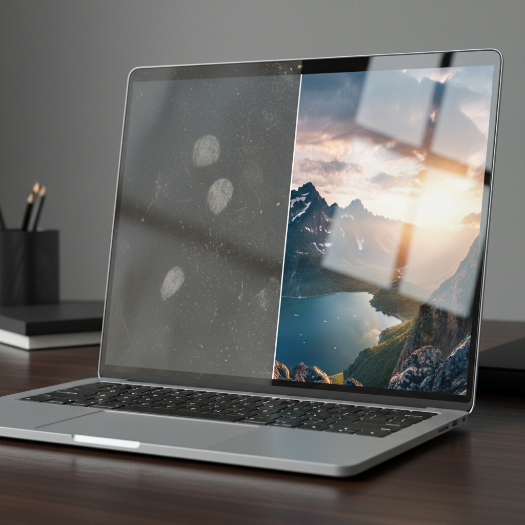 A modern laptop display is depicted with a distinct visual split down the middle. The left half of the screen is covered in noticeable dust, subtle smudges, and faint fingerprints, causing a hazy, dull appearance. The right half, in stark contrast, is impeccably clean, glossy, and reflects a soft, clear ambient light, showcasing a vibrant and sharp display free of imperfections. This is a high-resolution, professional photo, captured from a slightly elevated angle to emphasize the dramatic before-and-after visual effect and the importance of a clean screen.