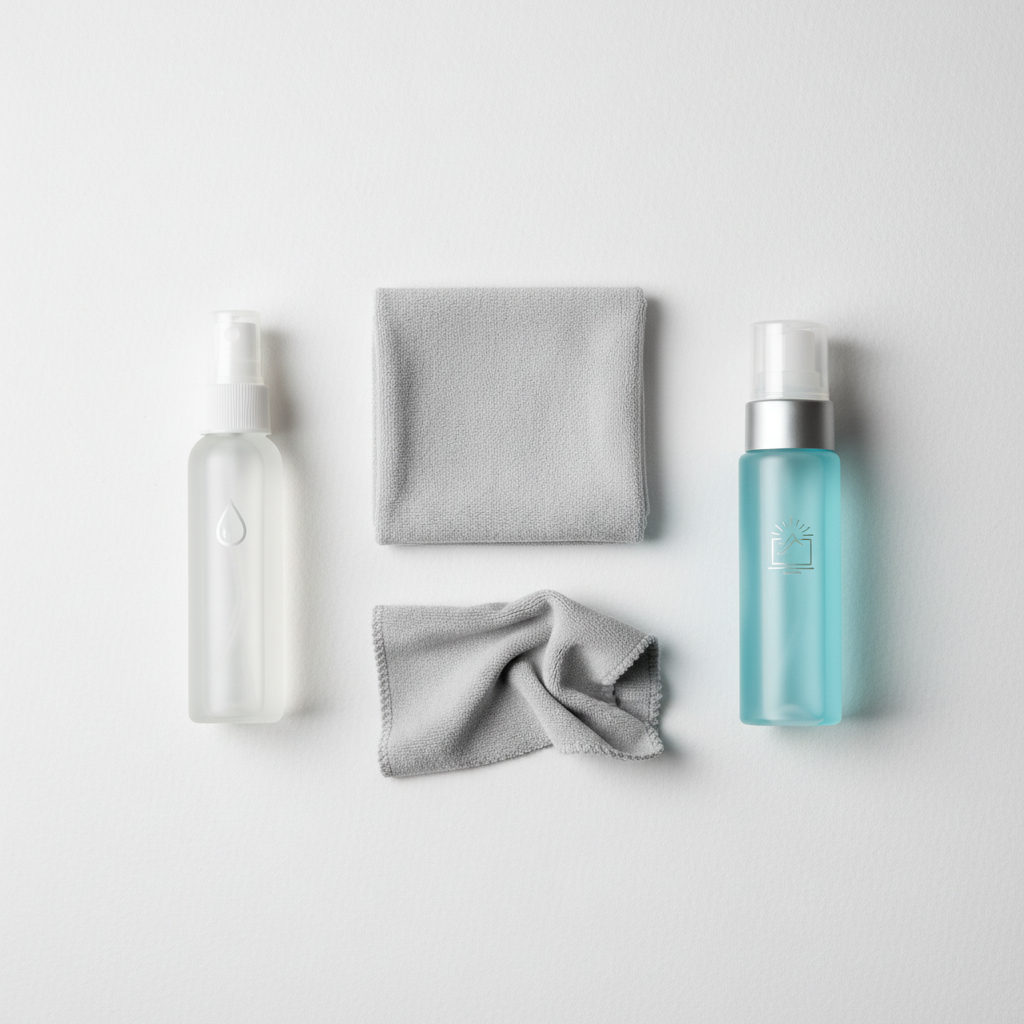 A meticulously arranged flat lay photograph from a top-down perspective, showcasing the recommended tools for laptop display cleaning. In the center are two plush, soft microfiber cloths, one neatly folded and the other subtly unfurled to highlight its texture. Positioned alongside them are a sleek, minimalist spray bottle containing clear liquid (visually implying distilled water through a simple droplet graphic or pure clarity) and a compact bottle of generic screen cleaning solution, designed without any brand logos or text, only conveying its purpose through a clean, modern aesthetic. The background is a crisp, clean light grey or white, ensuring a professional and organized presentation.