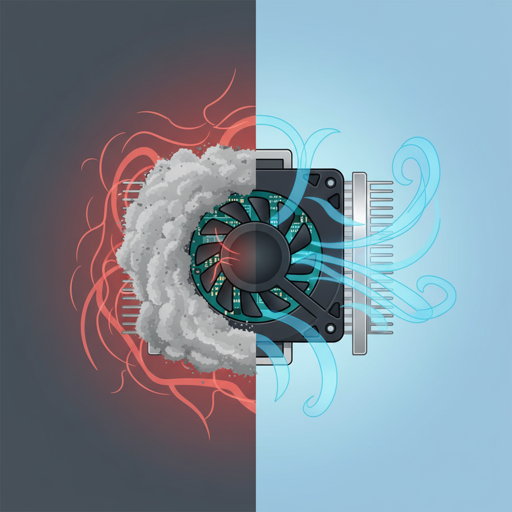 An abstract representation of a laptop's internal cooling system. One side displays a dirty fan and heat sink, completely choked with thick dust bunnies, with intense red thermal lines radiating from the internal components, visually indicating severe overheating. The opposing side of the image features the identical cooling system, now appearing spotlessly clean and pristine. Gentle, cool blue airflow lines gracefully weave through the clean components, symbolizing highly efficient and optimized cooling. This infographic-style illustration uses subtle gradients and sharp, clean lines to highlight the stark visual contrast between a neglected, overheating laptop and a well-maintained, efficiently cooled one.