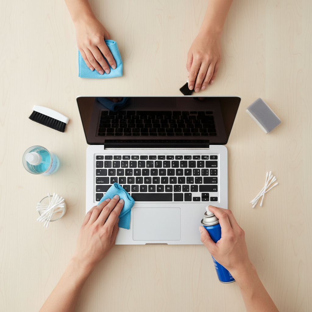 A professional flat lay photograph from a top-down perspective, showcasing a modern laptop centrally placed on a pristine, light-colored desk. Several unidentifiable hands are actively engaged in cleaning various parts of the laptop. One hand gently wipes the screen with a soft microfiber cloth, while another uses a small, specialized brush or a can of compressed air near the keyboard keys and ventilation grilles. Neatly arranged around the laptop are essential cleaning supplies, including a small spray bottle of screen cleaner, cotton swabs, and an additional duster. The overall composition conveys a sense of meticulous care, organization, and the practical process of thorough laptop maintenance.