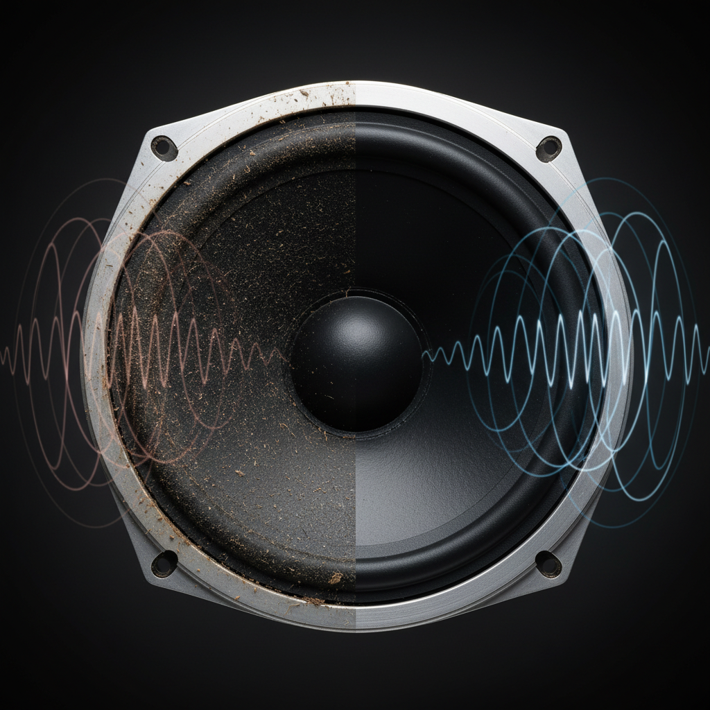 A split image showcasing the dramatic difference between a dirty and clean speaker membrane. On one side, a speaker cone is visibly covered in a fine layer of dust and grime, appearing dull and muted. On the other side, the same speaker cone is pristine, shimmering slightly with cleanliness, reflecting light crisply. Subtle, energetic sound waves emanate from the clean half, while muted, distorted waves subtly emanate from the dirty half, symbolizing impaired versus clear sound. This should be a high-resolution professional studio photograph with excellent detail and contrast.