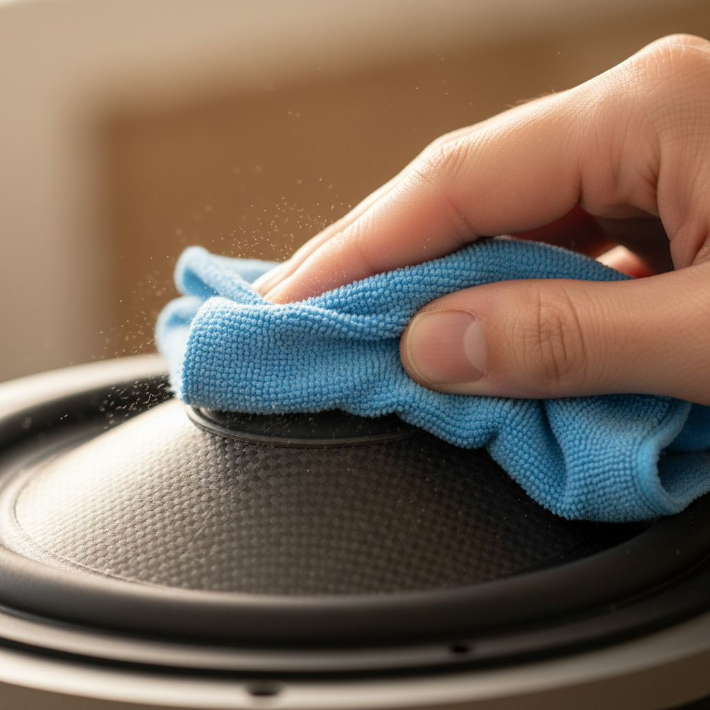A detailed close-up shot capturing a delicate moment of speaker membrane cleaning. A gentle hand is carefully wiping a speaker cone with a specialized, lint-free microfiber cloth. The focus is on the intricate texture of the speaker membrane and the precise, soft motion of the cleaning tool, highlighting the care required. The background is softly blurred, keeping the emphasis on the cleaning action and the delicate nature of the speaker component. The overall style is professional macro photography, clean and precise, with warm, natural lighting.