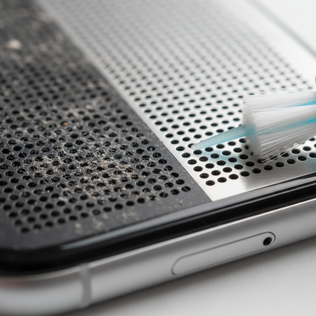 A detailed, macro-level professional photo focusing on the speaker grill of a modern smartphone. One half of the image clearly depicts the speaker grill clogged with visible dust, lint, and minor debris, suggesting muffled sound. The other half, visually separated but part of the same speaker, is impeccably clean, shining brightly. A small, soft-bristled brush or a thin, non-abrasive cleaning tool is gently positioned near the clean section, hinting at the cleaning process. The background is blurred to keep focus on the speaker.