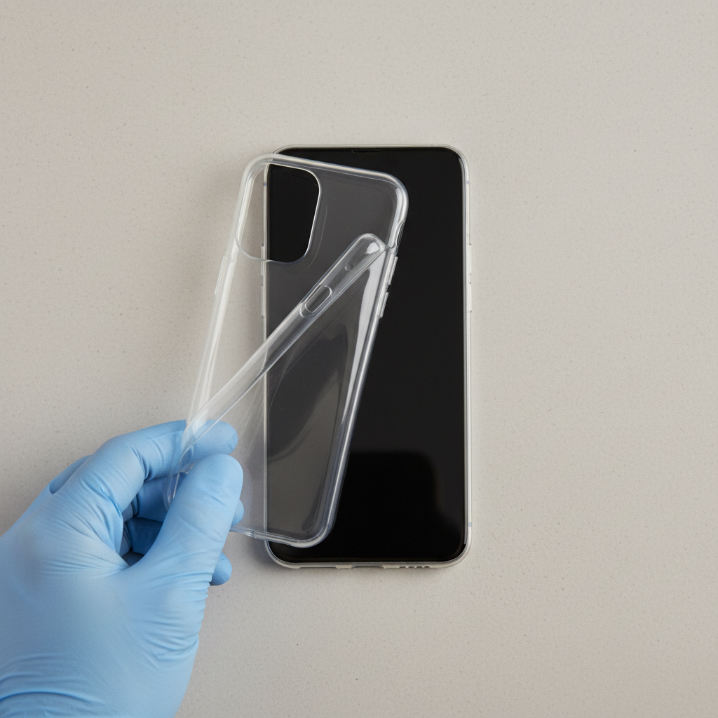 A clean, professional flat lay photograph showcasing the preparatory steps for smartphone speaker cleaning. A modern smartphone lies face down or face up with a dark, off screen on a neutral, uncluttered surface. A hand is gently peeling off a clear or simple phone case from the device. The speaker openings at the bottom of the phone are clearly visible, but not yet being actively cleaned. The overall scene conveys careful handling and readiness for maintenance, emphasizing the 'off' state and case removal. Soft, even lighting.