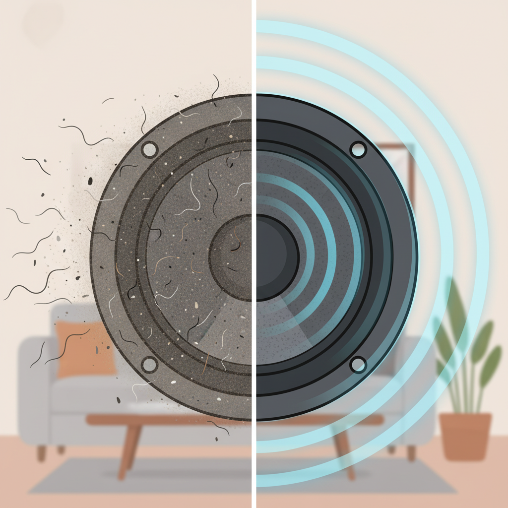 A close-up, cutaway illustration of a speaker cone, divided vertically. The left half of the cone is visibly coated in a thin layer of fine dust, pet hair, and tiny debris, appearing dull and heavy. Subtle, wavy sound lines emanate from this side, appearing distorted and muffled. The right half is pristine and sparkling clean, showing its original texture. From this clean side, crisp, vibrant, and clear sound waves emanate. The background is a blurred, modern home interior. Flat illustration style with a clear distinction between the dirty and clean sections, emphasizing the contrast in sound quality.