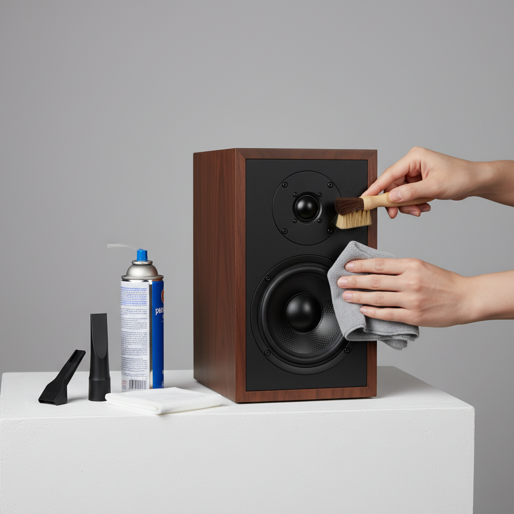 A professional, clean product photography style image featuring a high-quality bookshelf speaker positioned on a smooth, minimalist surface. A pair of hands, in the process of carefully cleaning the speaker grille and cone with a soft, fine-bristled brush or a microfiber cloth, is prominently featured. Nearby, neatly arranged, are various cleaning tools: a small vacuum nozzle attachment, a can of compressed air, and another clean cloth. The lighting is bright and even, highlighting the meticulous care and the speaker's design. The scene conveys precision and the act of restoring audio equipment.
